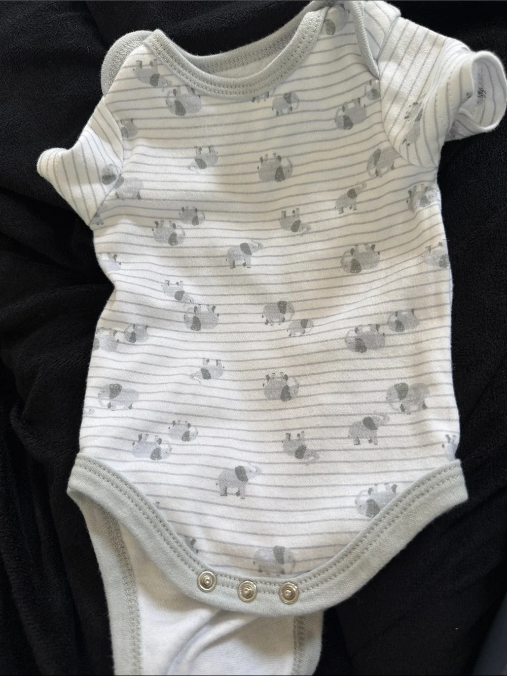 Gray & White Striped Baby One-Piece Bodysuit with Elephant Motif